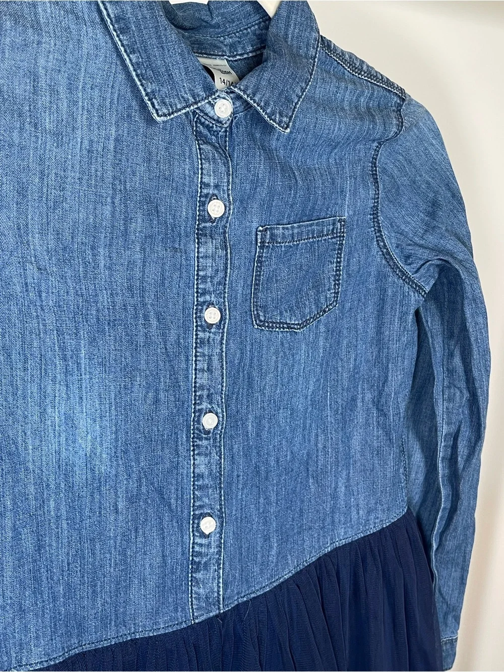OshKosh Girls Denim Tulle Long Sleeve Button Down Shirt Dress Sz 14/14A